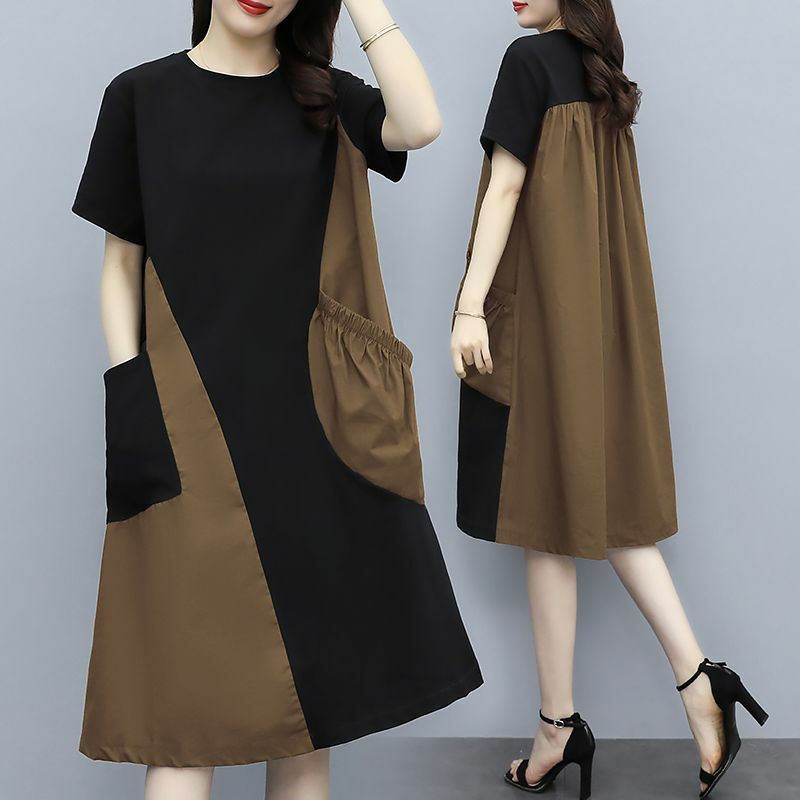 Женское платье с коротким рукавом, однотонное свободное плиссированное платье средней длины составного кроя с круглым вырезом, повседневная одежда в Корейском стиле на лето
