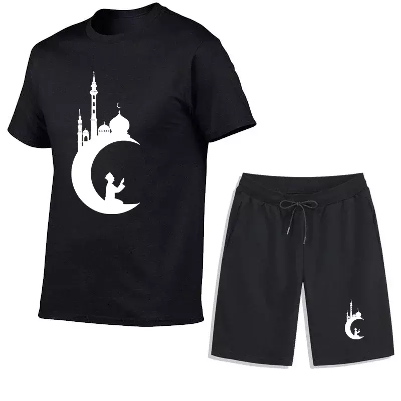 Terno esportivo estilo muçulmano masculino, conjunto de camiseta confortável, calça curta, manga curta, streetwear respirável na moda, verão