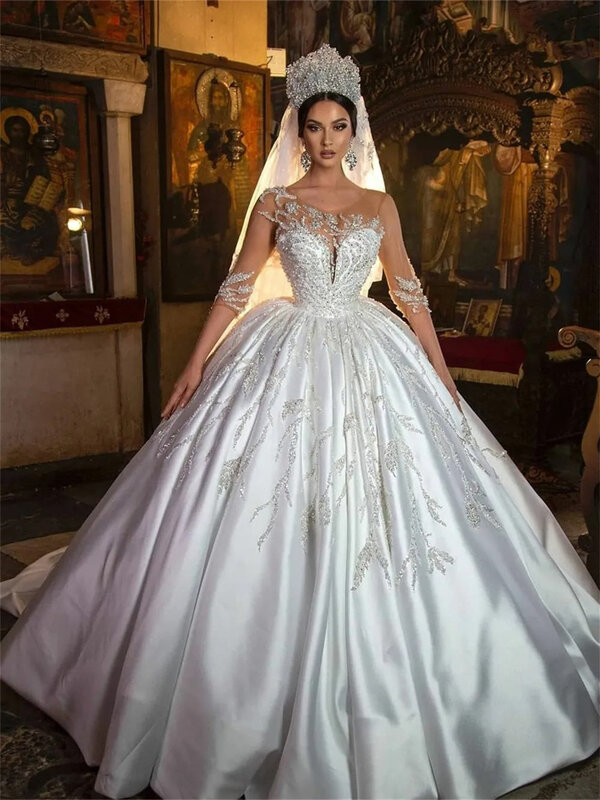 Очаровательное женское элегантное свадебное платье с бисером 2024, романтичное платье-трапеция до пола, платья для невесты