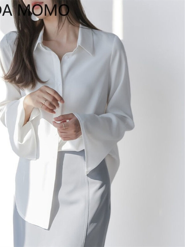 Blusa de manga larga con cuello en V para mujer, camisa holgada lisa y elegante, Tops informales sexys para oficina y otoño