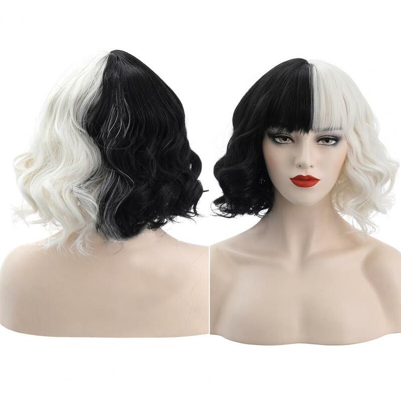 Black White Short Bob Half Black Small Short Curly Cos Wig Cosplay Halloween Costume Party Wig Cruella Hairpiece For Women