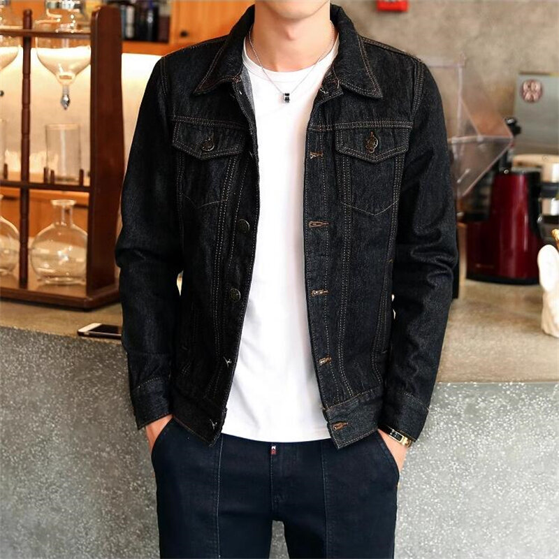 Куртка мужская джинсовая однотонная, модная простая повседневная, с лацканами, черный/синий цвета