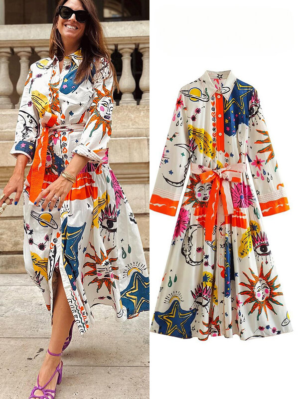 New  Women 2024 Summer Dresses Printed Lace-Up Long Sleeve Single Breasted Female Loose Dress For Beach Party