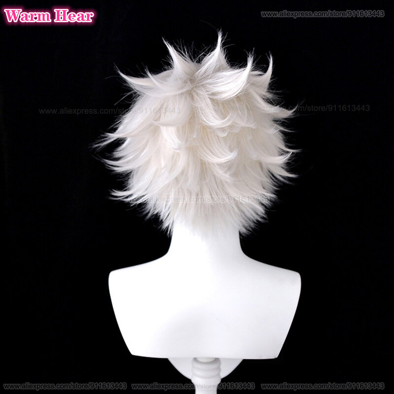 Anime Shinazugawa Sanemi Cosplay Wig Short 30cm Silvery White Hair Heat Resistant Hair Halloween Party Role Play Wigs + Wig Cap