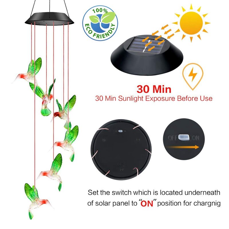 LED Solar Wind Chime Crystal Ball colibrì Wind Chime Light cambia colore luce solare a sospensione impermeabile per giardino di casa