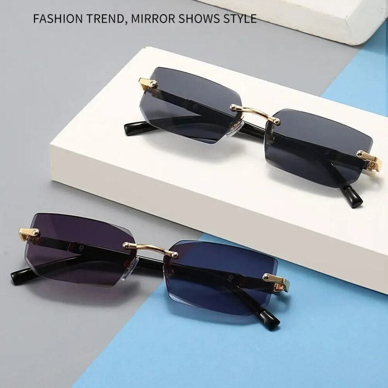 UV400 보호 무테 사각형 선글라스, 빈티지 Y2K 안경, 무테 선글라스, 남녀 공용