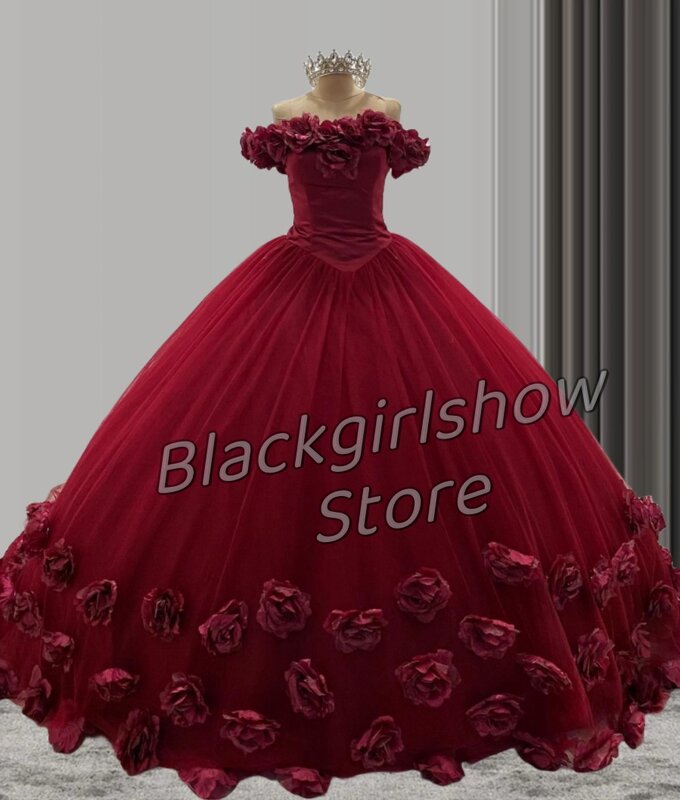 Prinzessin Burgund Kapelle Zug Quince anera Kleider eine Schulter romantische Rose bestickte Vestidos de Fiesta Elegantes Para Muje