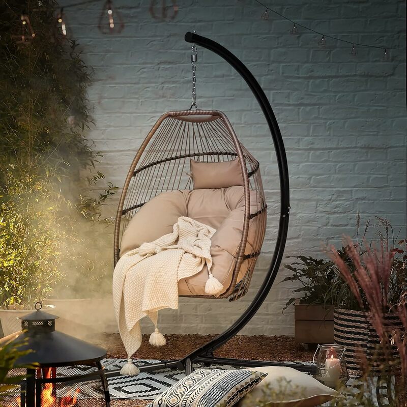 Ei Stuhl Indoor Outdoor hängende Schaukel mit Ständer Terrasse Hängematte Korb weide Rattan Stuhl weiches Kissen für Schlafzimmer Garten