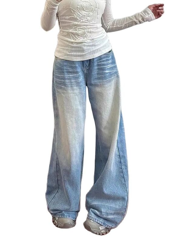 Celana Jeans biru pinggang tinggi musim panas wanita, celana Denim kaki lebar Amerika jalanan desain Vintage kasual longgar Y2K