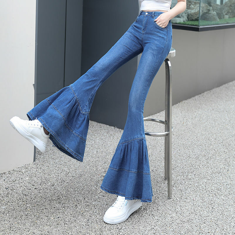 Sommer mode koreanische Flare Jeans Frauen feste Wäsche gebleicht Knopf Reiß verschluss taschen Mode elegante einfache schlanke gerade Hose