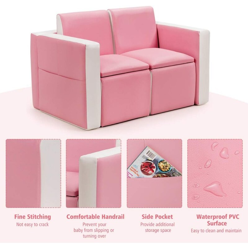 Children's sofa, 2-in-1 convertible two-seater sofa with storage, children's chaise longue in PVC leather, pink and white