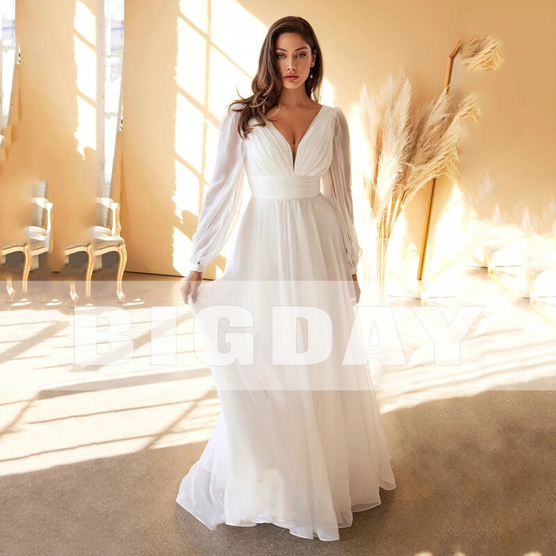 Elegant A-Line Wedding Dress Women V-Neck Long Puff Sleeve Open Back Pleat Bridal Gown Sweep Train Vestido De Noiva Floor-Length