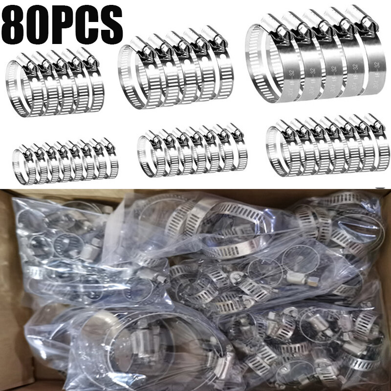 80pcs Hose Clips Pipe Clamps 6mm-51mm Stainless Steel Hoop Clamp Hose Clamp Stainless Steel Set automotive pipes clip Fixed tool