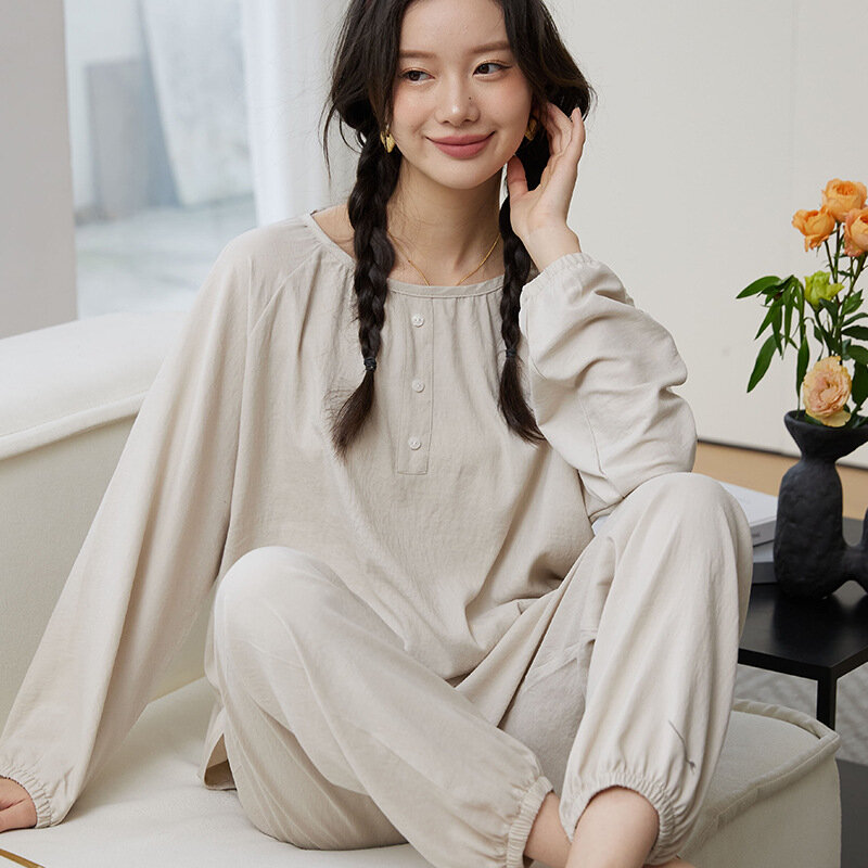 Novo serviço de casa pijamas femininos primavera outono pijamas terno casual em torno do pescoço de manga comprida doce cor senhoras pijamas conjunto