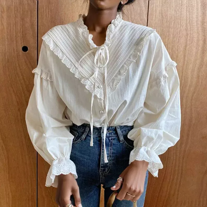 Spring Summer Vintage Fashion Long Sleeve Women Lace Blouse Elegant Hollow Out Solid Lace Up Bow Loose Blouses New Blusas 9580