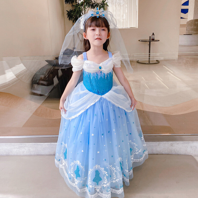 Princesa vestido cosplay para menina, desempenho Deluxe, azul, halloween, castelo, rainha, festa de carnaval