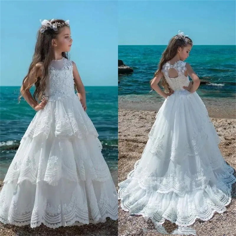 Elegancki biały tiul bufiasta koronkowa dziewczęca sukienka w kwiaty na ślub aplikacja bez rękawów dla dziecka pierwszy sukienka na przyjęcie urodzinowe eucharystyczny