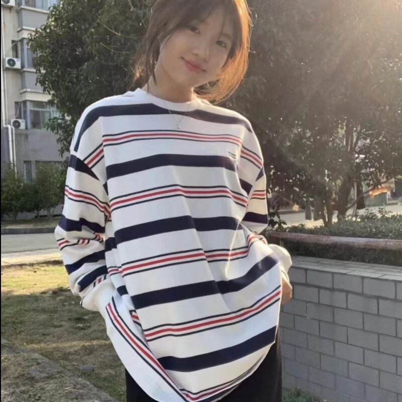 W stylu Vintage, w paski bluza damska Harajuku wyszywane litery pulower koreańska moda długi rękaw t-shirt Streetwear luźny Top Y2K