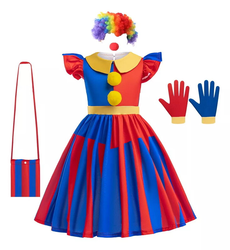 Children Cosplay Digital Circus Pomni Costume Kids Girls Dress+Wig Halloween Carnival Festival Masquerade Birthday Party Clothes