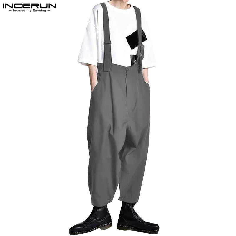 2024 Men Jumpsuits Solid Color High Waist Pants Streetwear Casual Male Suspender Rompers Loose Fashion Straps Overalls INCERUN