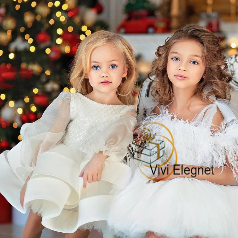 Детские платья с длинным рукавом и цветочным принтом для девочек, лето 2024, многоярусные рождественские платья до колен с блестками, Новинка