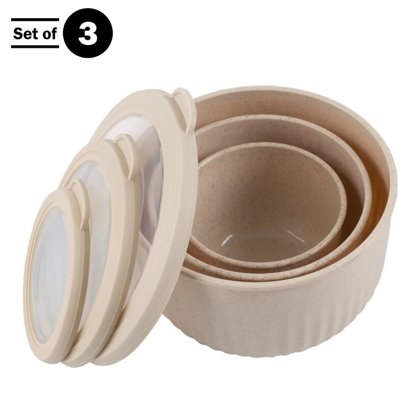 Safe Nesting Mixing Bowls, Microondas Freezer e Geladeira, Conjunto de 3, Tampas, Bege