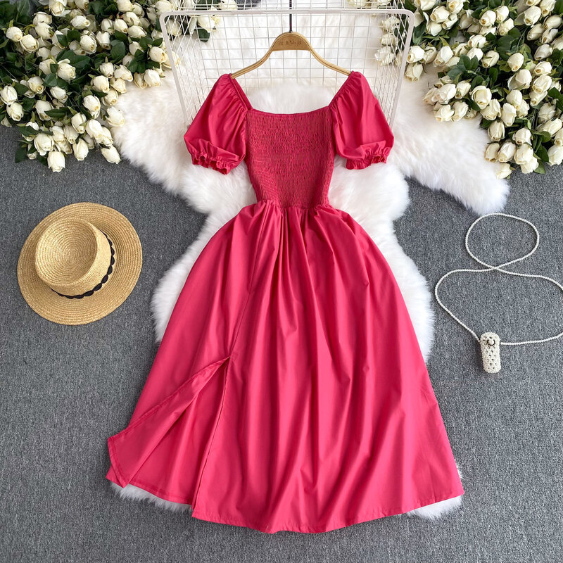 Vintage Elegant Square Neck Short Sleeve Pleated Split Dress A-line Fashion Chiffon Spring Autumn Vestidos Women Dresses