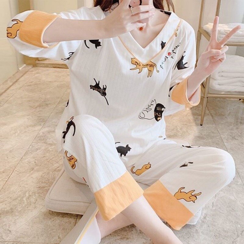 Conjuntos de pijama bordado kawaii feminino, camisolas de manga comprida, pulôver Homewear, roupas femininas kawaii, outono