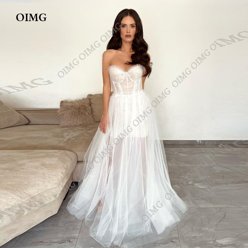 OIMG Elegant A Line Tulle Long Formal Wedding Dresses Lace Side Slit Vintage Bride Princess Bridal Gowns Dress Vestidos