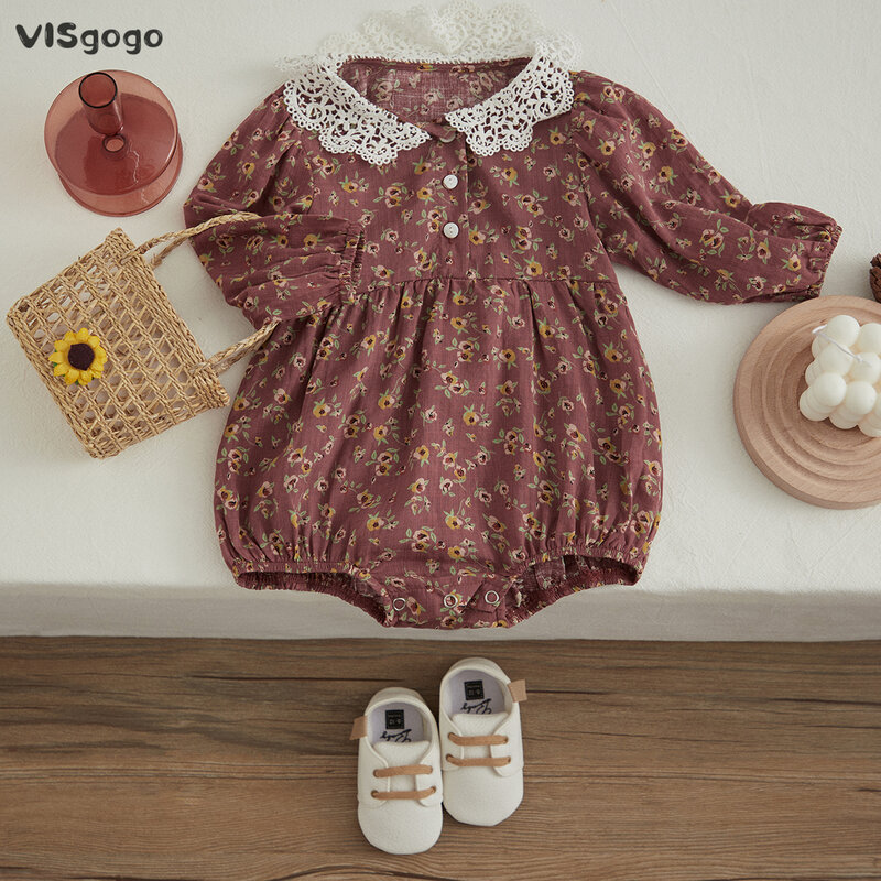 VISgogo-macacão floral bonito para bebês, gola de boneca de renda, manga comprida, macacão triangular, roupas infantis, primavera e outono