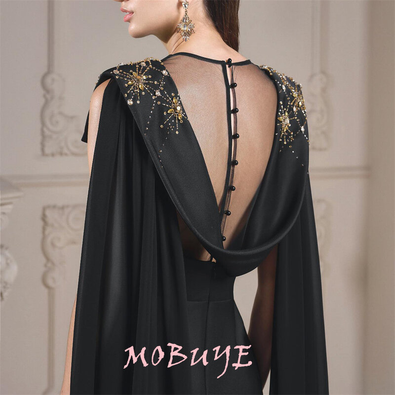 MOBUYE gaun Prom Backless populer panjang selantai dengan lengan syal panjang gaun pesta elegan mode malam untuk wanita 2024