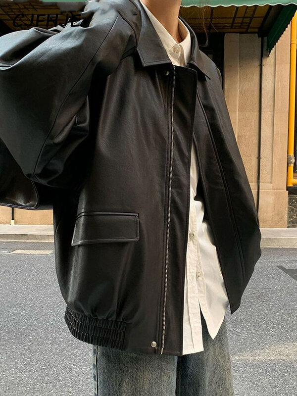 CJFHJE-Chaqueta de cuero negro para mujer, abrigo holgado de PU con cremallera, informal, tendencia de moda