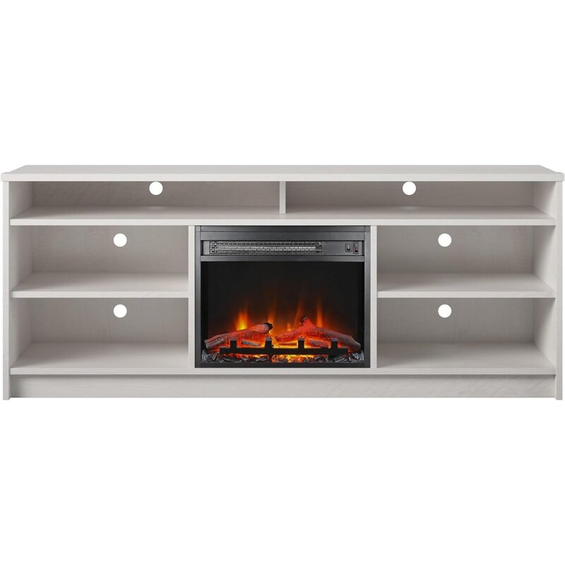 Ameriwood Home Hendrix 65" TV Stand with Electric Fireplace Insert and 6 Shelves, Ivory Oak