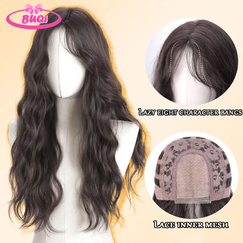 BUQI-Peruca sintética reta longa com franja para mulheres, cabelo preto escuro, perucas cosplay, cabelo natural, festa, resistente ao calor