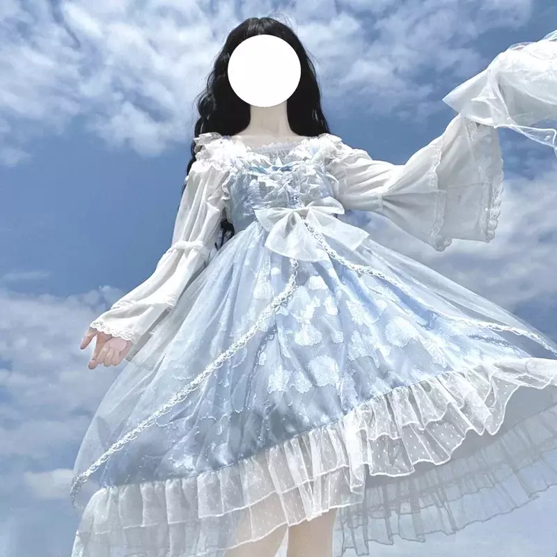 Gaun biru Alice In Wondeland lucu Lolita untuk wanita pesta teh Jepang lembut anak perempuan gaun putri Kawaii Vestidos peri