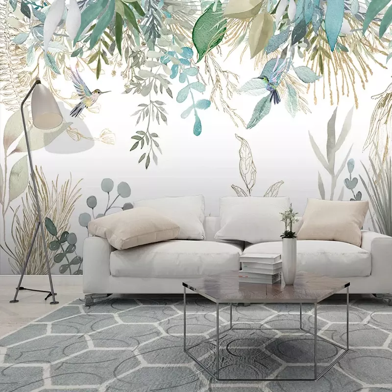 Planta tropical pintada à mão moderna deixa papel de parede, flores e pássaros murais, sala e quarto, pintura de parede impermeável