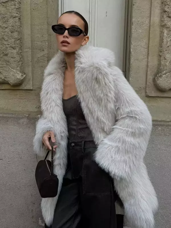 Jaket bulu palsu berbulu mewah untuk wanita, mantel bulu palsu lengan panjang berbulu halus hangat berkualitas tinggi musim dingin