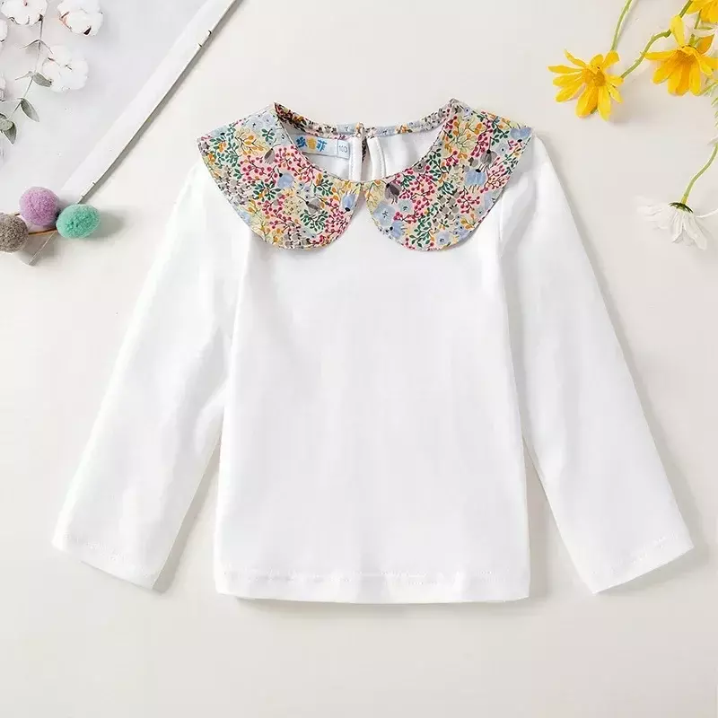 Blusa branca com flor impressa para meninas, camisa com manga comprida, para bebê, primavera e outono