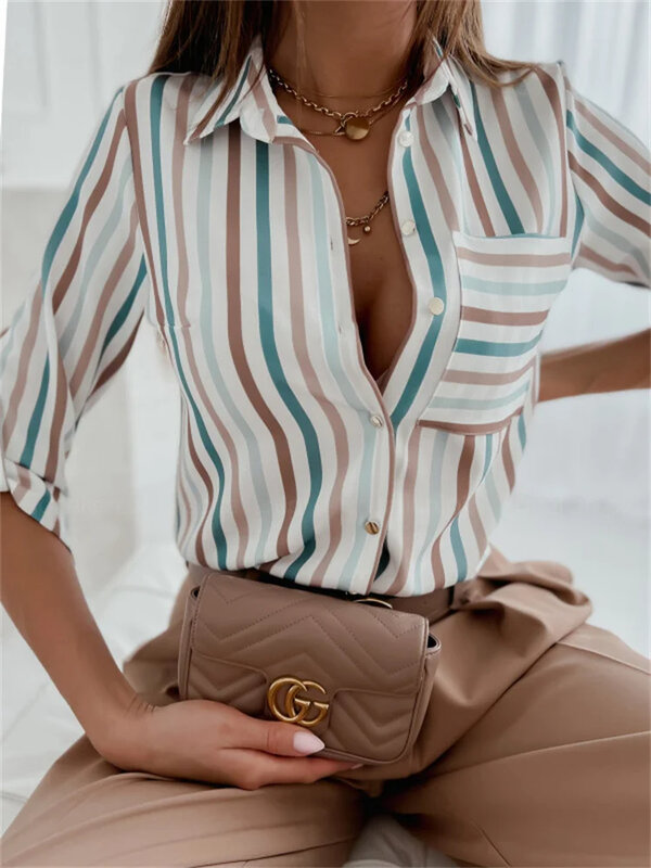 Elegant Women's Tops 20234 Spring and Autumn Temperament Tops Long Sleeve Striped Print Office Slim Pocket Shirt