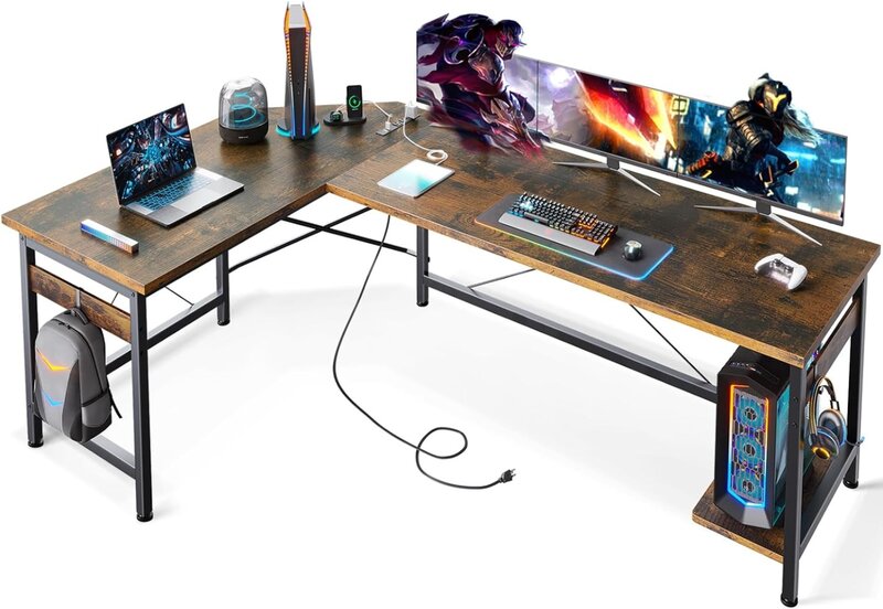 Biurko do gier w kształcie Coleshome 66 "L z gniazdem, biurko w kształcie litery L ze stojakiem na procesor, narożne biurko komputerowe, biurko do pracy w domu