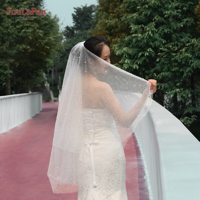 YouLaPan V91 Sparking Wedding Veil 2 Tiers Pearl Bridal Veil Champagne Glitter Veil Golden Wedding Veil with Comb Delicate Beads