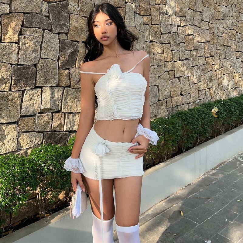 insEuropean and American Style2023Summer New Women's Clothing Fashion Hot Girl Two-Piece Set Temperament Pleated Tube Top Skirt