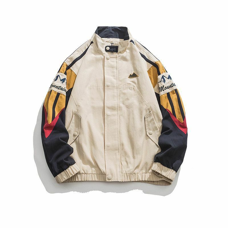 American Stand Collar Coat uomo autunno Harajuku High Street giacca da boxe colorata Unisex Oversize Patchwork uniforme da Baseball