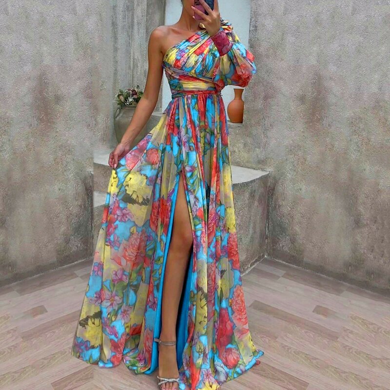 Elegant Formal Party Dress Elegant One Shoulder Tie-dye Ball Gown with Mesh Bubble Sleeves Split Hem Women's Evening Dress