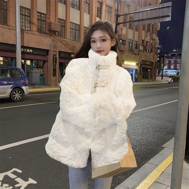 2023 Autumn Winter New Thickened Fur One Piece Imitation Rabbit Hair Lamb Fur Standing Collar Loose Fur Coat Fashion Women