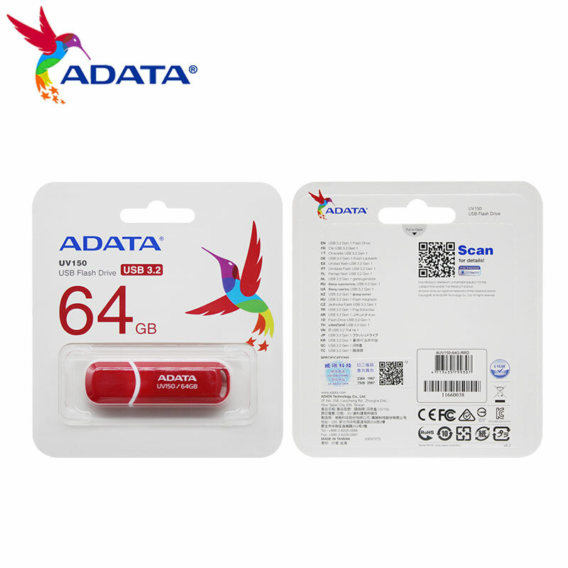 Original ADATA UV150 USB แฟลชไดร์ฟ64GB 32GB ความเร็วสูง USB 3.2แฟลชไดร์ฟดินสอสีแดงสำหรับคอมพิวเตอร์ U Disk
