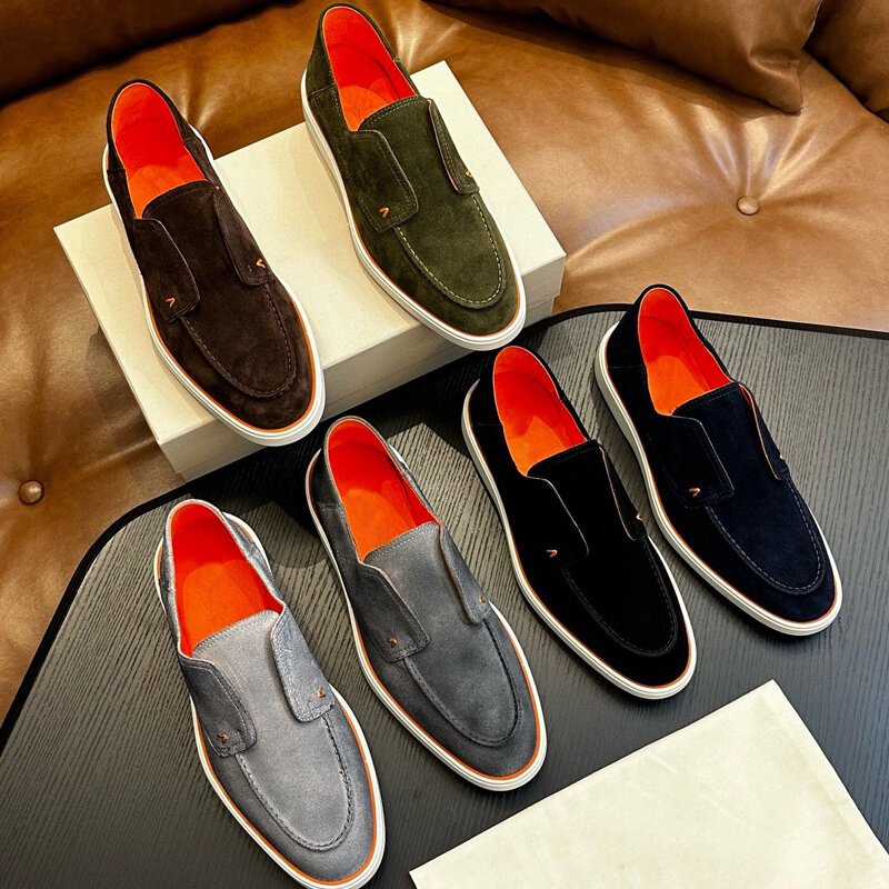 Designer Men's Gray Godric Almond-toe Loafers Nubuck Calf Suede Leather in Vintage Look Slip-on Male Footwear