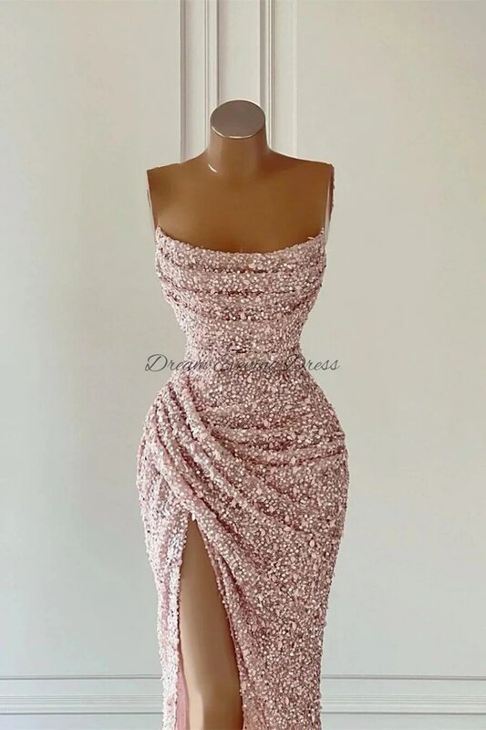 Gaun malam impian 2023 gaun malam merah muda berlipat tanpa lengan seksi gaun acara Formal pesta dansa payet belahan samping putri duyung