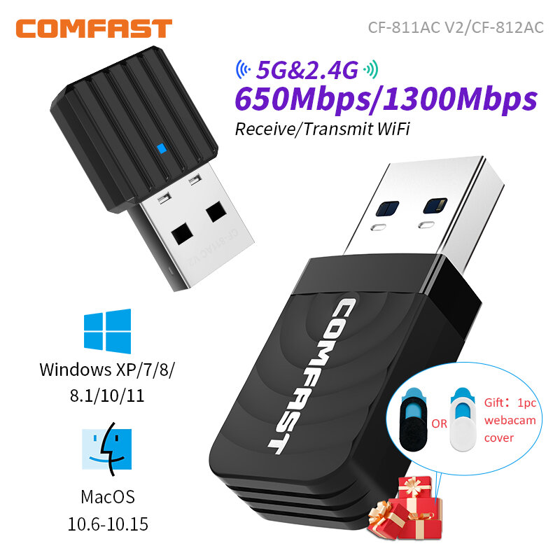 Adaptateur Wifi USB double bande 650 GHz et 5GHz 802.11AC, 2.4 Mbps, carte réseau sans fil, antenne de réception Wifi pour ordinateur portable et de bureau