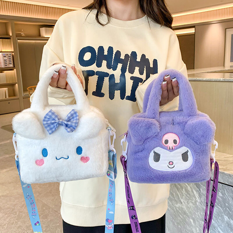 Bolso de hombro de felpa Kawaii Sanrio Kuromi para mujer, bolso de Hello Kitty Cinnamoroll, bolso de dibujos animados, bolso de almacenamiento